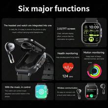 LIGE新款智能耳机手表配备2.01英寸方形高清大屏幕，集成耳机和手表功能，支持多种运动模式、闹钟提醒和音乐播放。 - 黑色 - 查看 7