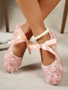 女士优雅蝴蝶结网眼蕾丝平底鞋，饰以3D玫瑰花，镂空透气玛丽珍芭蕾平底鞋，舒适百搭，适合婚礼及日常穿着，秋冬季款 - 粉色 - 查看 3