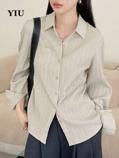YIU Sleeve Textured Striped Button Down Blouse Back To School Office Casual Work Clothes Business Casual Women Shirt Cream Winter Clothes New Arrival