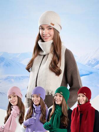 3pcs Women's Winter Knitted Hat, Scarf And Gloves Set, Warm Beanie With Ear Muffs