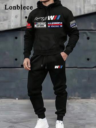 Lonblece 2pcs Racing Style Hooded Sweatshirt Set For Men, Sports Graphic Print Knit Pullover Pullover Sweatshirt & Sweatpants, Suitable For Casual Wear In Autumn/Winter