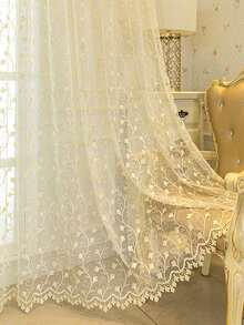 1件装优雅刺绣叶子薄纱窗帘，经典法式风格，杆袋式设计，适用于卧室和客厅，透明透光窗帘 - 米色 - 查看 11