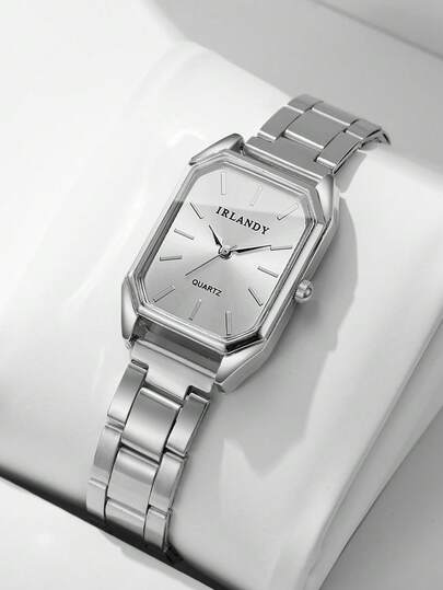 1件装女士时尚简约方形表盘石英腕表，配钢表带，经典优雅