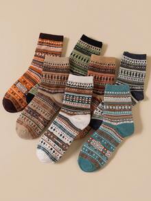 7 Pairs Retro Mid-Calf Socks, Warm And Fashionable Pattern Mid-Calf Socks For Autumn/Winter - Multicolor - View 5