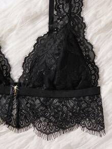两件套新款女士性感内衣套装，可调节肩带，前部单排钩扣，三角文胸和蝴蝶结装饰三角内裤，睫毛蕾丝性感舒适内衣情趣套装 - 黑色 - 查看 6