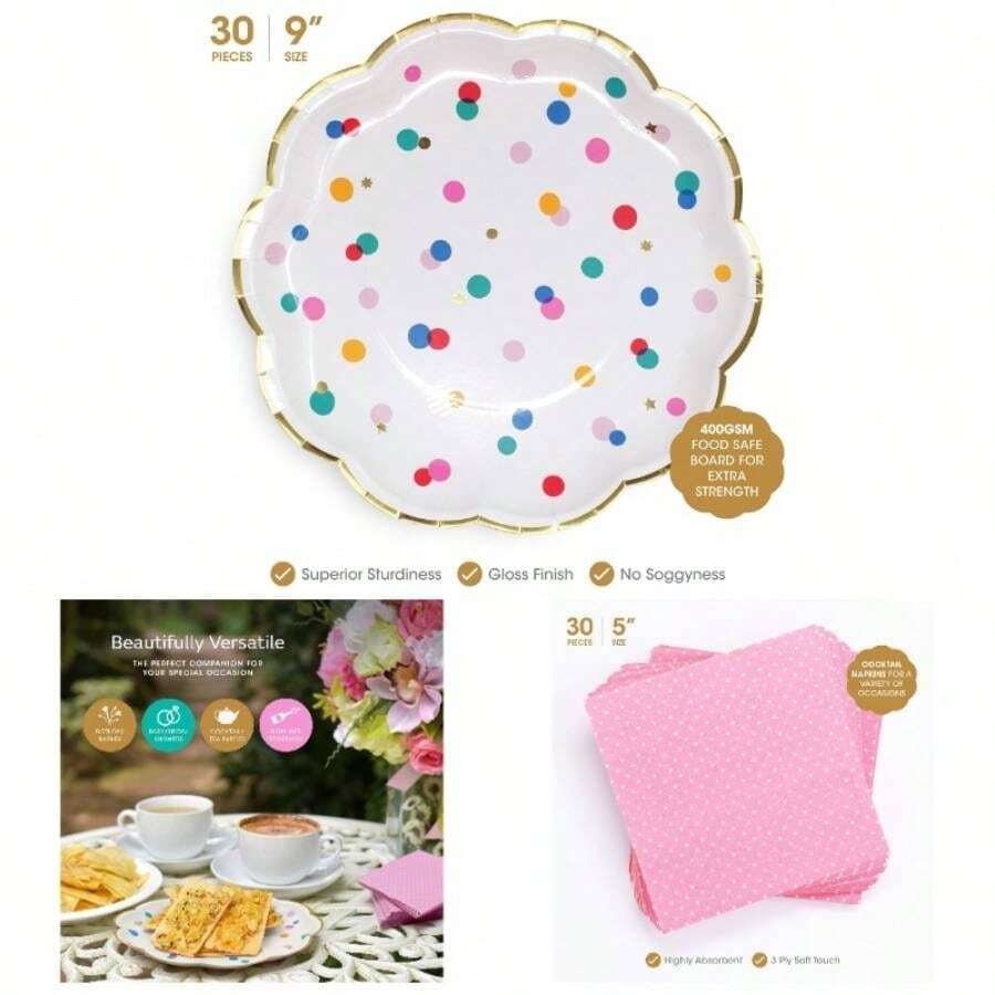 9? Paper Party Plates and Cocktail Napkins Set - Ultra - Thick 400GSM Disposable Plates Won? Become Soggy - Pink and Gold Party Supplies Birthday Shower Dinnerware. 30 Value Pack - dorado, rosa - Ver 1
