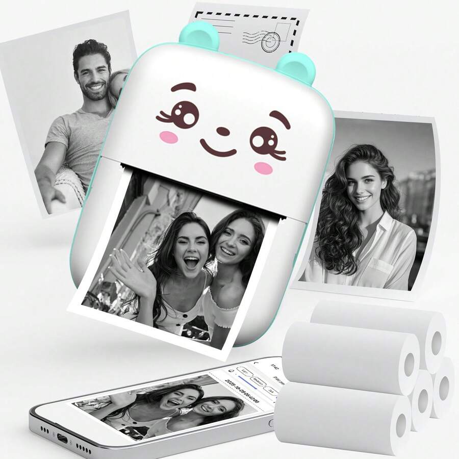 Ink Free Sticker Printer Mini Thermal Printer With 10 Roll Of Thermal Paper, Wireless Pocket Printer, Intelligent Portable Receipt Printer, Suitable For Photos, Diaries, Notes, And Memos - Màu xanh nhạt - Xem 1