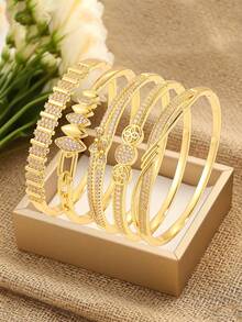 5/1pc Multi Shaped Zirconia Gold Bracelet Set, Exquisite Copper Bracelets With Geometric, Floral And Other Designs, Perfect For Any Occasion As Exquisite Jewelry Embellishing The Wrist