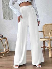 大码女式纯色针织面料口袋阔腿裤，秋冬款 - 白色 - 查看 7