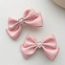 2 Elegant Shiny Rhinestone Heart Bow Hair Clips Vintage Women's Daily Use Hair Accessories - 粉色 - 查看 1