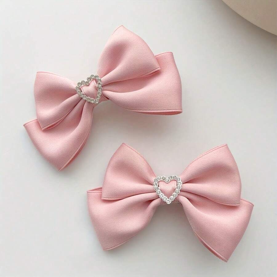 2 Elegant Shiny Rhinestone Heart Bow Hair Clips Vintage Women's Daily Use Hair Accessories - 粉色 - 查看 1