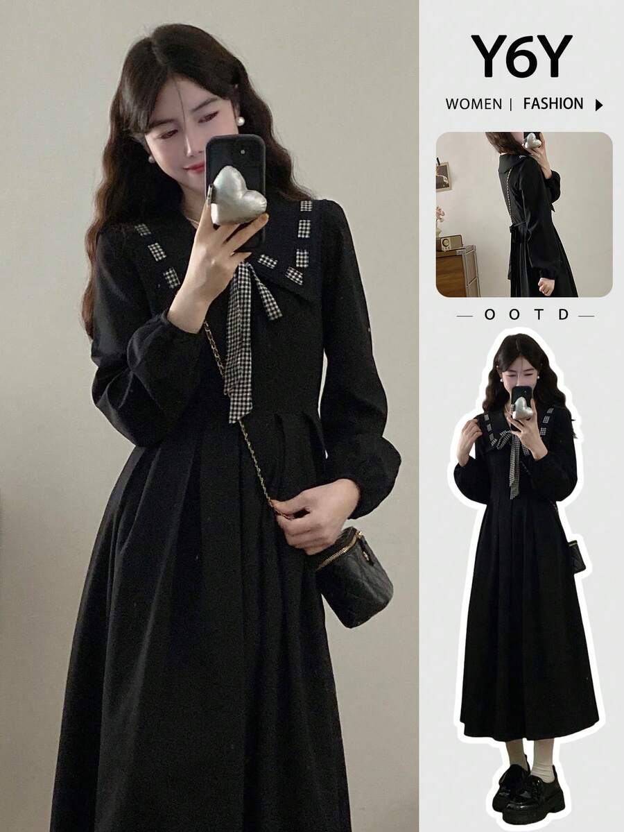 Y6Y 2025 Autumn/Winter Youthful Black Peter Pan Collar Slimming Black Dress For Women - Black - View 1