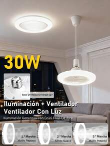 Lampara Ventilador, Ventilador De Techo E27,Foco Led Ventilador Abánico Techo, Lámpara Silenciosa  Ventiladores Luces , lámpara de ventilador para habitación, salón, comedor, dormitorio - Blanco - Ver 2