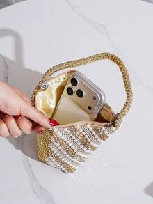 Irregular Shaped Clutch Bag With Sparkling Pearl Rhinestone Decor, Handbag For Gala, Party, Evening Dress Matching