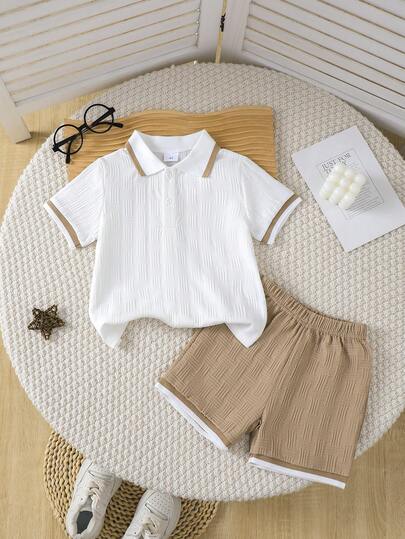 2pcs Boys Outfit: Ribbed Collar Half-Placket POLO Shirt & Elastic Waist Casual Shorts, Spring/Summer