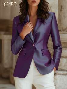 DONICY Áo khoác cardigan dáng blazer nữ màu trơn mùa xuân/hè, cài một hàng khuy, có túi giả ở eo, lót trong, kiểu dáng retro sang trọng, màu tím đô thị, thích hợp cho hẹn hò, mua sắm, công sở, tiệc sinh nhật, ngày Valentine, lễ hội. - Màu tím - Xem 7