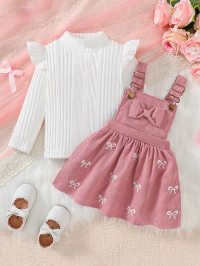 2pcs/Set Baby Girls Casual Chic Sweet Cute White Knitted Vertical Striped Round Neck Flutter Sleeve Top And Pink Woven Bow Embroidered Decor Suspender Skirt Set, Spring/Autumn