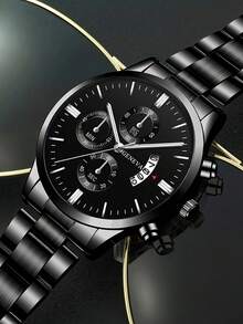 4pcs Men's Steel Band Quartz Watches, Sports Chronograph Watches - Perfect For Halloween, Christmas, Thanksgiving, Valentine's Day, Etc. - Ideal Gift For Boyfriend Or Family - Black - View 6