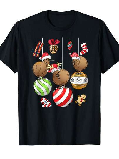 New Zealand Kiwi Christmas Tree Bobble Bird T-Shirt - 100% Casual Crew Neck Tee With Kiwi Bird Santa Hat & Candy Cane Stripes Print, Unisex Adult & Youth Sizes For Outdoor, Gym, Casual Attire - Machine Washable Festive Holiday Apparel