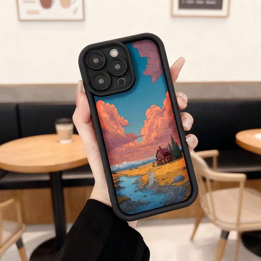 Cubierta de teléfono con diseño de paisaje al atardecer en tonos naranja y azul para iPhone 14 Pro Max funda protectora resistente a golpes ideal para uso diario en cafeterías y exteriores Aplicable a los teléfonos de la serie Apple y Galaxy - Burdeos - Ver 1