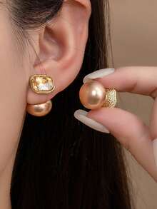 Champagne Muffin Pearl & Square Diamond Earrings, Elegant Silver Needle Stud Earrings, Fashionable Unique Jewelry Accessories For Women