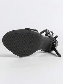 Women's Rhinestone Decor Stiletto Heel Open-Toe Sandals, Sexy Fashion Style, Black Leather High-Heeled Shoes - Black - View 11