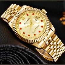 PROKING 1pc 40mm Men's Watch, Stainless Steel Case & Band, Gold Color, Luxury Quartz Watch, Business Water-Resistant Wristwatch, Fashion Calendar Diamond-Studded, Suitable For Daily Decoration, Holiday & Birthday Gift - Red - View 9