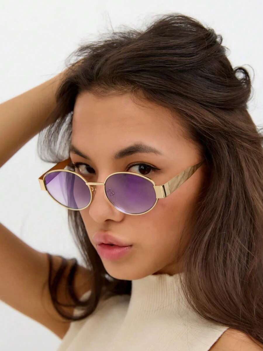 1 件金属椭圆形朋克复古新款时尚街头摄影嘻哈时装秀时尚眼镜 - 彩色 - 查看 1