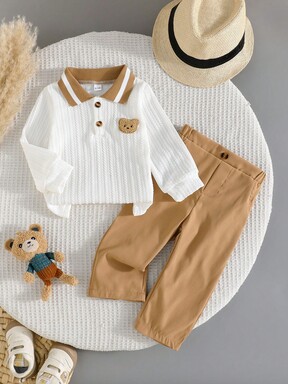 2 Stücke/Set Kleinkind Jungen Langarm Polo Hemd mit Bär Stickerei Kragen und bequeme Hose, britischer Stil, Herbst/Winter