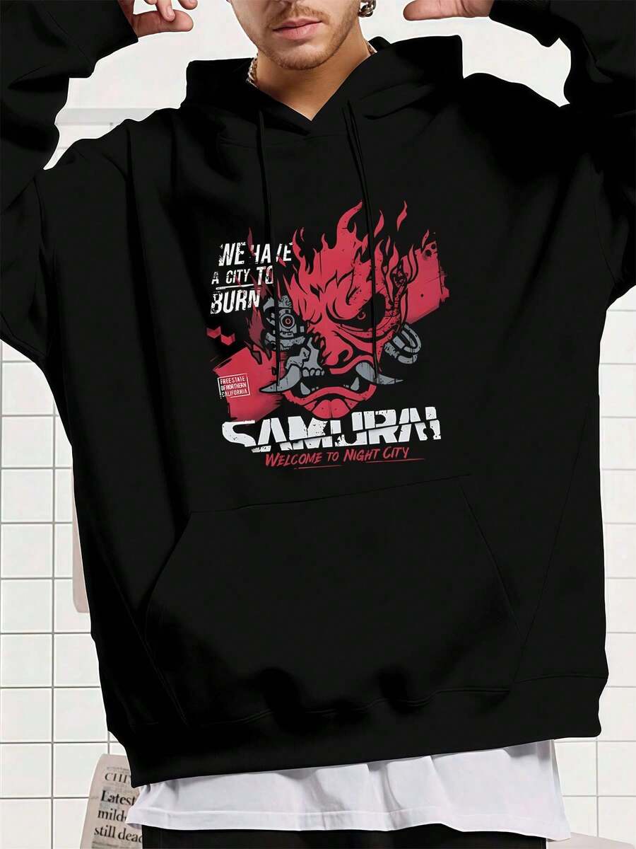 Cyberpunk Samurai Graphic Hoodie Fall, Premium Fabric, Round Neck, Loose Fit, Comfortable, Casual, New Arrival - Black - View 1