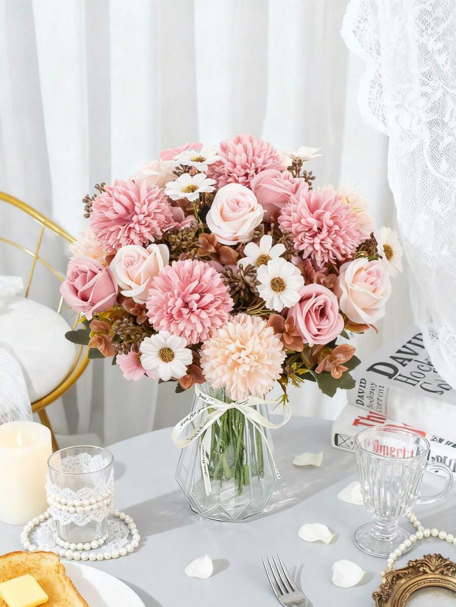 1/80PCS Artificial Rose Flowers Silk Roses, Chrysanthemums, Hydrangeas Bouquets Fake Plants For Spring Autumn Wedding Vase For Home Dining Room Bedroom Decorations, Mother's Day,Father's Day, Valentine's Day, Festival Birthday Party Accessories, Outdoor Garden Decorations - Pink - View 1