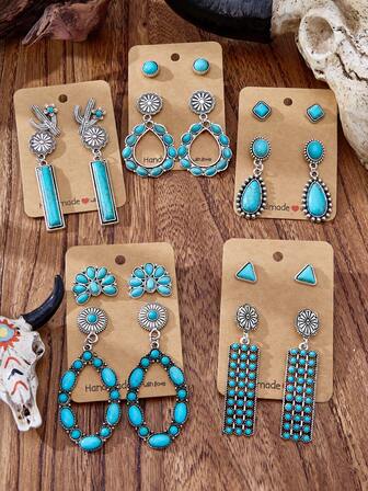 MONLOTTI Western-Style Turquoise Earrings Set, Visually Fashionable And Retro Bohemian Style Women's Turquoise Earrings Set, Boho Jewelry Beach Vacation Theme Combined With Turquoise Jewelry Set, Suitable For Daily Gatherings And Various Occasions To Wear, A Pleasant Surprise Gift
