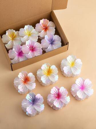 6个夏威夷风情花朵发夹，印花波西米亚风花朵发夹，度假风芙蓉花发夹，可爱大号发夹，适合所有发质，鸡蛋花发饰爪夹，冬季发夹