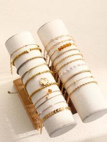 7/19pcs Vintage Elegant Heart Crystal Faux Pearl Snake Chain CCB Beaded Layered Bracelet Set, Women Occasion Gift, Versatile Daily Wear - Yellow Gold - View 6