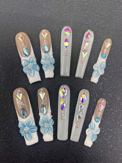 10-Piece Pure Handmade Nail Pressure Nails 55mm Square Ultra-Long Nails White French Edge With Three-Dimensional Styling Glue Carving Craft Fashion Versatile Suitable For Women To Wear Three Sizes To Choose From Suitable For A Variety Of Occasions, Parties, Dances And Daily Wear