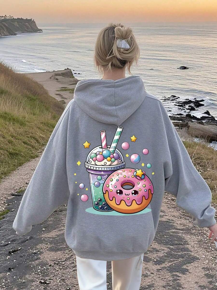 Teenage Girl Boba Tea & Donut Print Warm Loose Sweatshirt - Comfortable Long Sleeve Casual Pullover, Machine Washable, Daily Essential, Oversized Fit, Suitable For School, Vacation, Shopping, Sports And More - Grey - View 1