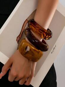 1 pieza Conjunto de pulsera asimétrica de acrílico con textura de mármol de talla grande, pulsera apilable de joyería única - Marrón - Ver 2