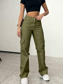 Women's New Multi-Pocket Straight Leg Cargo Pants, American Hot Girl Style, High Waist, Slimming Casual Sports Pants - 軍綠色 - 查看 2