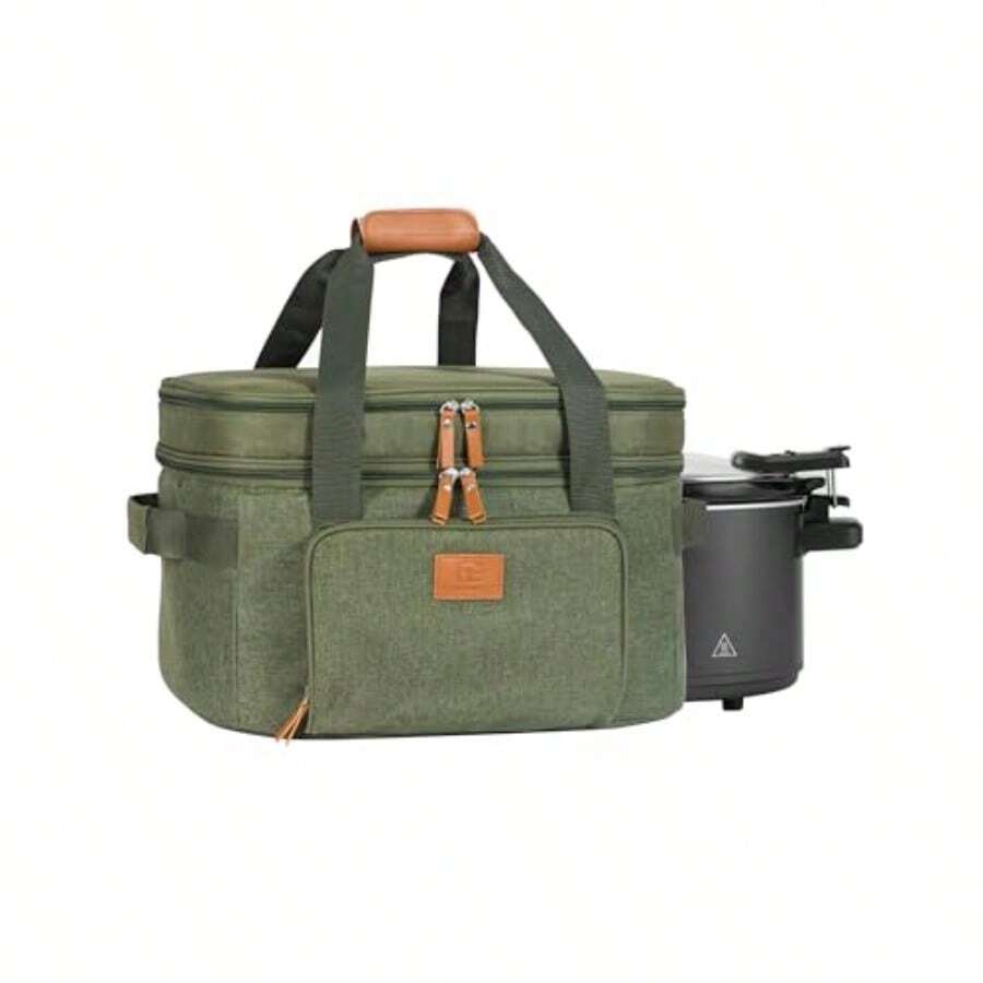 Double Layer Insulated Travel Carrier For 68 Quart Oval CrockPot With Support Pad And Adjustable Straps Top Zip Compartment And Front Pocket For Utensils Ideal For Outdoor Cooking Camping Picnics And Family Gatherings Green - 如圖 - 查看 1
