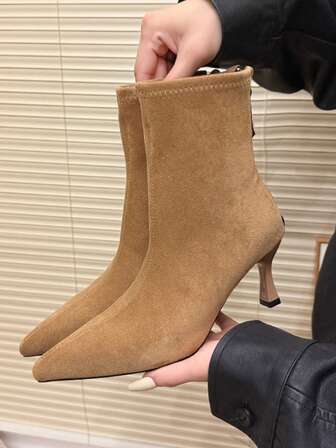 Damen Veloursleder Elastische Knöchelstiefel, Herbst/Winter 2025, Spitze Zehenpartie, elegante Knöchelstiefel mit Reißverschluss, schmaler Absatz, modische Kurzstiefel, Keilabsatz