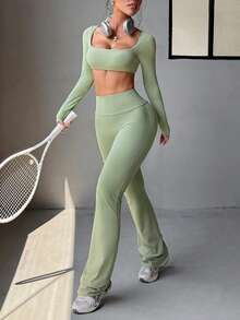 Bộ đồ thể thao nữ Aoqta 2 món phong cách thường ngày, áo crop top dài tay có đệm ngực và quần legging ống đứng, dùng cho yoga, chạy bộ, tập luyện, mặc hàng ngày - màu xanh lá - Xem 4
