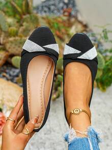 新款时尚简约水钻交叉绑带圆头平底鞋，舒适轻便百搭女士休闲鞋，大码尺码 - 黑色 - 查看 5