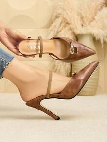 SVRM Women's Pointed Toe Vintage Leather Slip-On Mules With Metal Buckle And Elastic Band, Casual - Brown - View 3