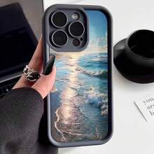 Funda para teléfono con borde protector color negro con estampado de playa y olas al atardecer para uso diario y viajes - Blanco - Ver 3