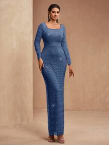 新款奢华优雅女士亮片礼服，饰以亮片、蕾丝拼接，方领设计，常规直筒袖，后背系带可调节，前开衩，适合正式场合、派对、婚礼、红毯派对等。 - 灰藍色 - 查看 2