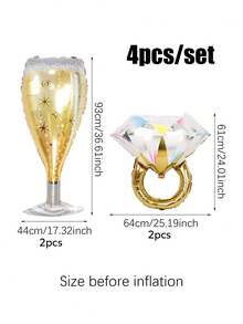 2/4个香槟酒杯造型气球和彩色钻石戒指气球套装，卡通派对装饰，适用于婚礼、生日派对、酒吧、周年纪念、新娘送礼会、单身派对、订婚装饰、周年纪念装饰，香槟酒杯气球（金色玻璃） - 彩色 - 查看 2