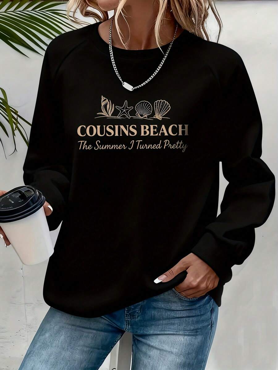 Cousins Beach Summer I Turned Pretty Graphic Sweatshirt Women Casual Long Sleeve Pullover Beach Vacation Outfit - màu đen - Xem 1