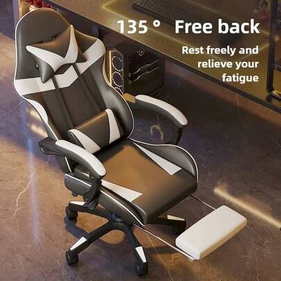 1pc Ergonomic PU Leather Gaming Chair with Adjustable Lumbar Support, Reclining Headrest & Footrest, Flip-Up Armrests, Height-Adjustable - Heavy-Duty Construction, 5-Wheel Base, Smooth-Rolling Casters for Home Office & PC Gaming Chair - Ideal for Long Hours of Use - Modern Ergonomic Design with PU Leather Upholstery & Sturdy Frame for Support, Gaming Recliner