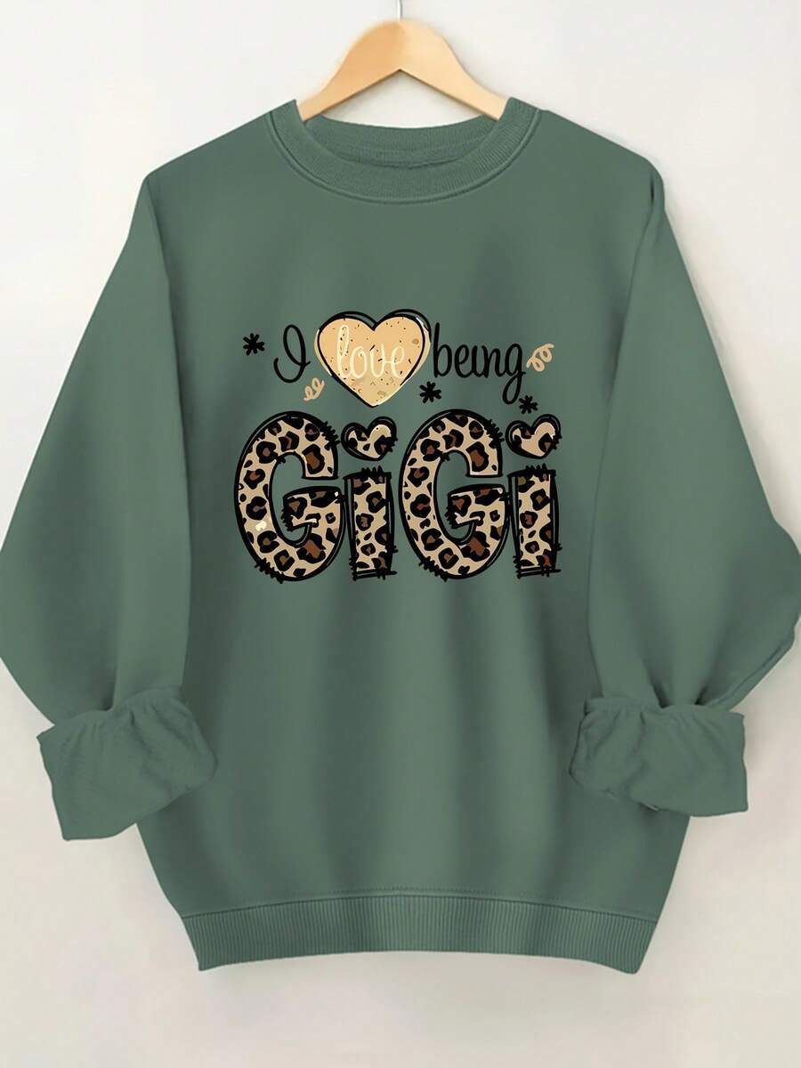 2025 New Women's Sweatshirt Leopard Print LOVE BEING GIGI Sweatshirt, Casual Long Sleeve Round Neck Sweatshirt For Autumn And Winter, Women's Clothing. Loose And Comfortable - 橄欖綠 - 查看 1