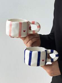 1pc Striped Heart Ceramic Coffee Mug, Elegant Minimalist Ceramic Mug, Ceramic Cup, Water Cup, Creative Hand-Painted Ceramic Juice Cup, High-Quality Afternoon Tea Cup, Breakfast Milk Cup, Gift Mug, Suitable For All Seasons - Multicolor - View 4